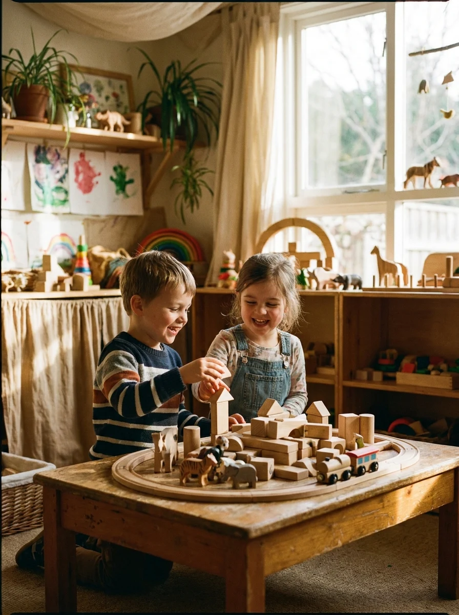 Zwei Kinder entdecken gemeinsam Holzspielzeug – Symbolbild